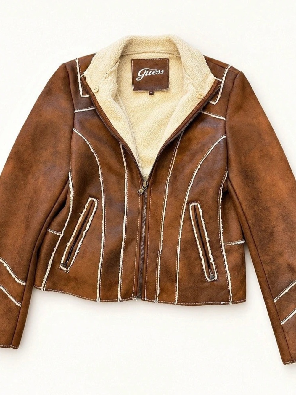 Guess Faux Shearling Moto Jacket Brown Medium